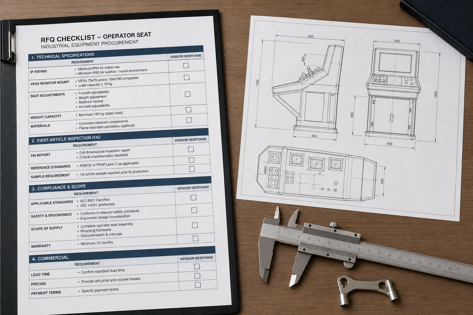 B2B Procurement Guide for Industrial Operator Seats 1 Industrial operator seat RFQ checklist with compliance, IP, and first-article inspection sections