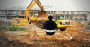 Heavy machinery yard with excavator at construction site — Hall effect industrial joystick application environment