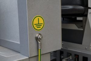 IEC 60204-1 grounding label on operator seat lateral box - Trunsin