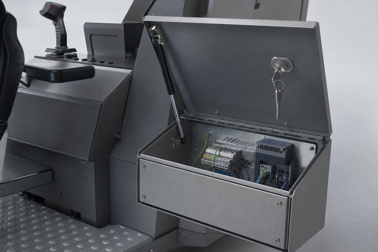 IEC 60204-1 Alignment for Operator Seat Control Consoles 1 Lateral box gas spring and double-bit key access on operator seat enclosure - IEC 60204-1 alignment
