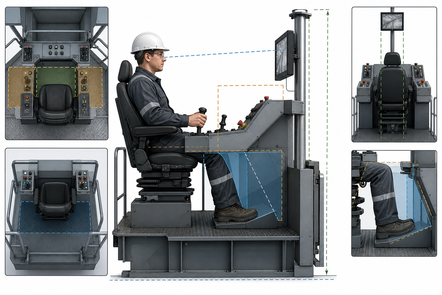Shredder pulpit operator seat ergonomics - lateral box spacing, monitor mast, and foot rest layout