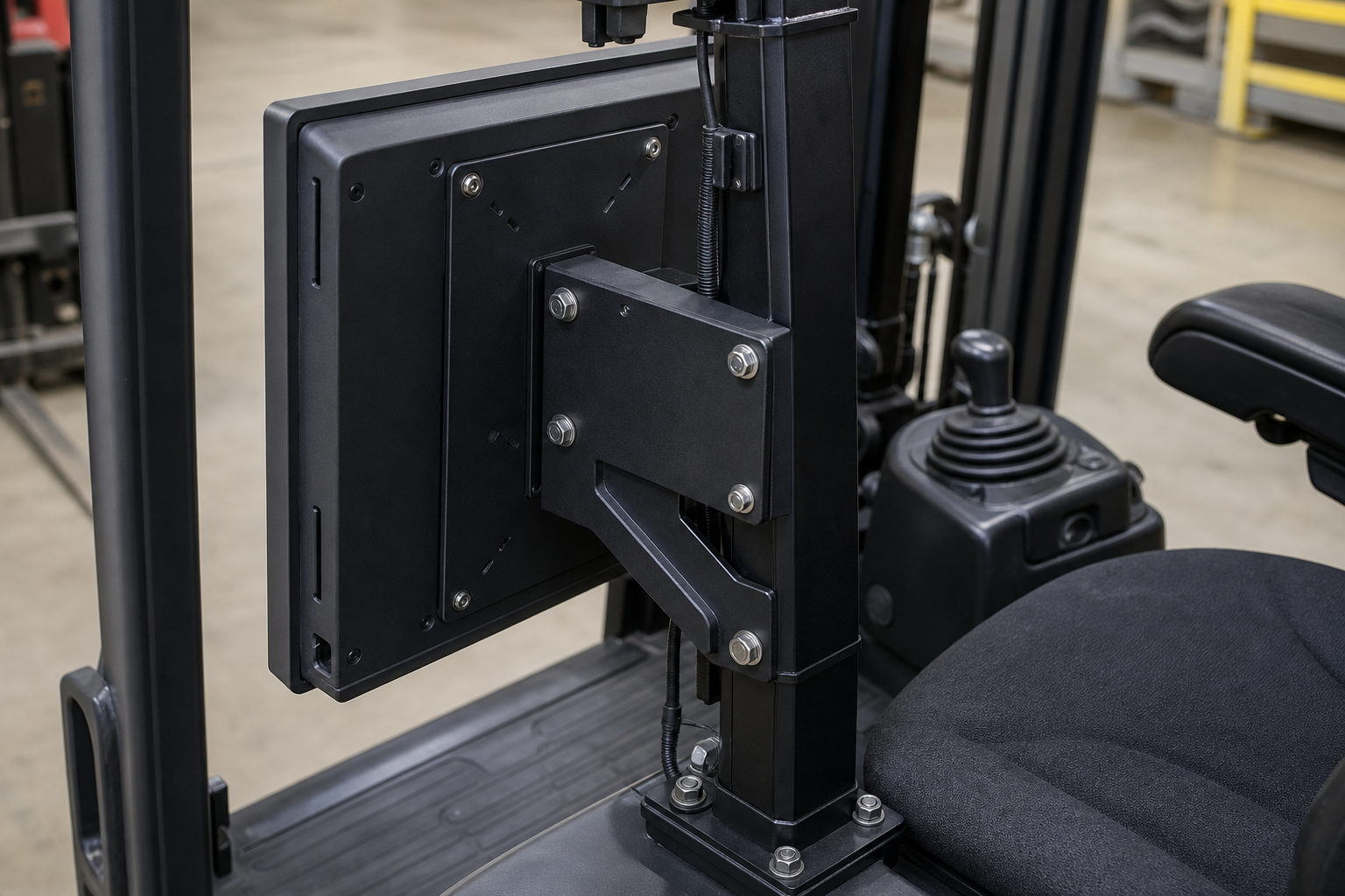 VESA Monitor Mounts for Operator Seat Control Consoles 1 VESA mounting plate and deburred fasteners on operator seat monitor mast with open-frame touch HMI