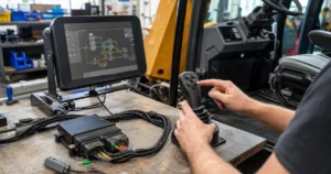 Danfoss PLUS+1 JS1000 joystick programming at mobile controller bench