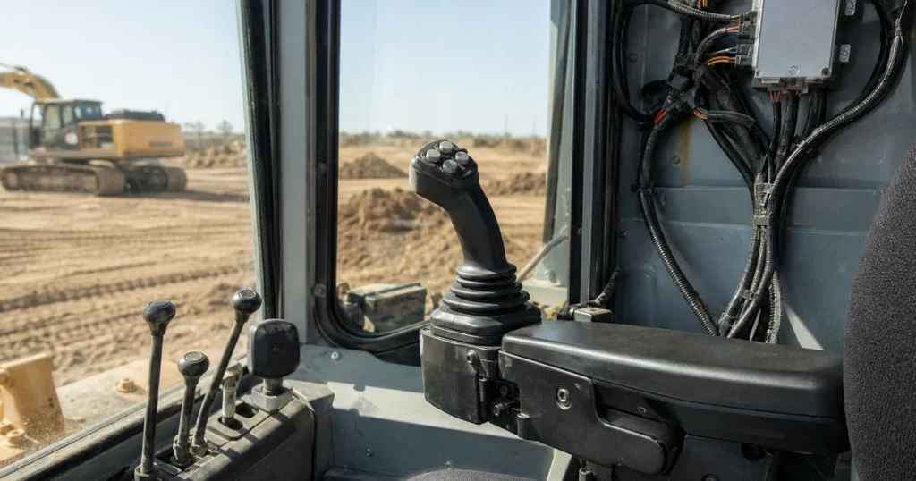 Hydraulic retrofit timeline — electronic cab joystick beside legacy hydraulic levers