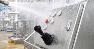 IP69K washdown joystick — sealed industrial stick during high-pressure cab wash