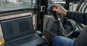 Joystick deadband calibration ECU — technician at mobile ECU teach-in screen