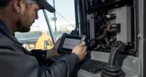 UDS diagnostics CAN joystick — service laptop on CAN bus beside cab stick