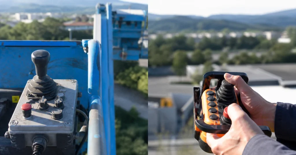 Wireless vs wired AWP joystick radio and tethered platform control comparison