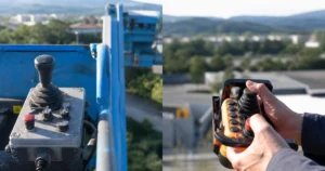 Wireless vs wired AWP joystick radio and tethered platform control comparison