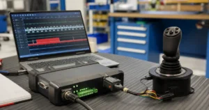 CANopen analyzer bench showing heartbeat consumer timeout on industrial joystick node