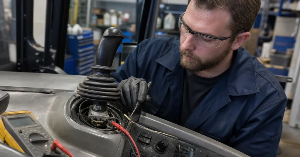 Home 2 Technician inspecting industrial joystick potentiometer base for wiper wear drift