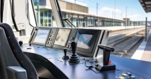 Tram driver cab with industrial master controller joystick on console